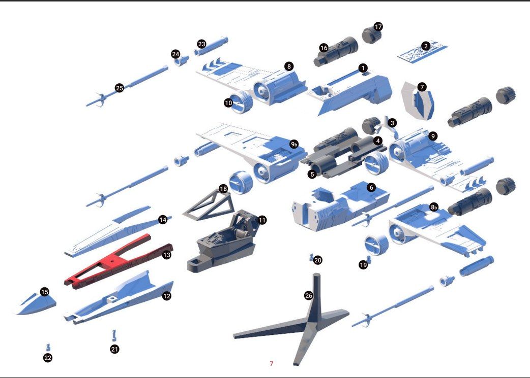 Exploded-view drawing of every X-wing part, numbered