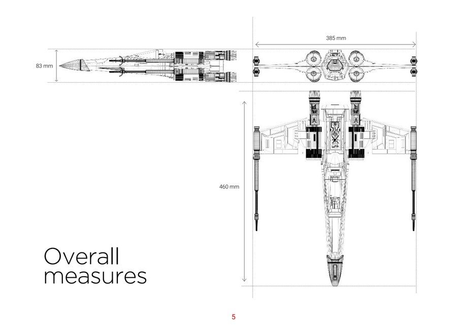 Technical drawing with overall measurements of the X-wing in top and side view