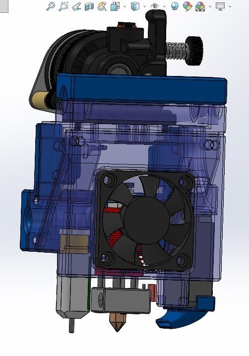 Transparent CAD render of the toolhead with fan, hotend and extruder